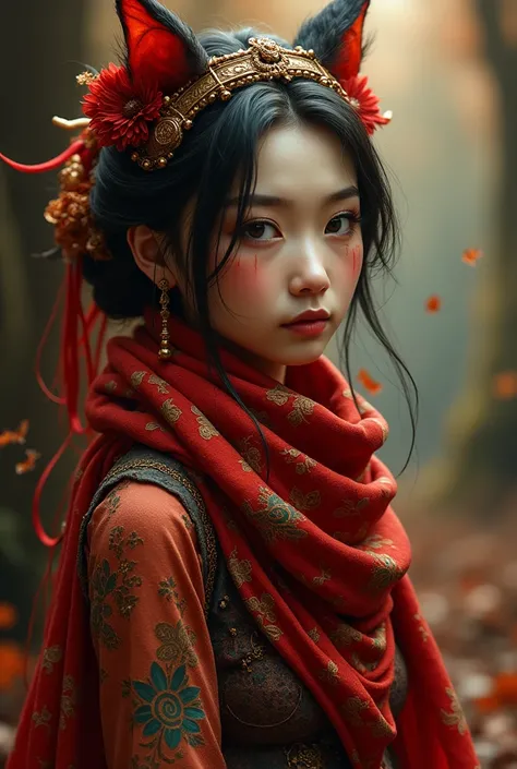 Dewi cantik full body berambut pirang panjang dan kulit pucat anggun penuh tato,  features moisturizer ,  layers of mystery after .  Fantasy character wrapped in intricate steampunk mechanism . red scarf,  for a dramatic backdrop of good luck .  She is in ...