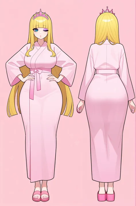 an bimbo woman with long blonde hair shinny hair blunt bangs blue eyes purple eyeshadow pink lips glossy lips pouty lips pink tiara on head wide hips wearing a pink bath robe wearing pink slippers sassy pose hands on hips one eye close the background is a ...