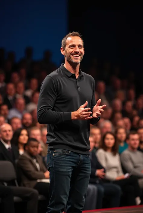  An image of Nick Vujicic speaking to a crowd, smiling with joy and confidence .
