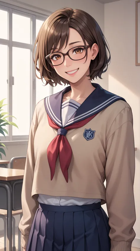 Young female, boarding school environment, student vibe, youthful appearance, short or medium-length hair, brown or soft hair color, wearing glasses (optional), slightly timid posture, school uniform, calm and gentle personality, hesitant expression, cute ...