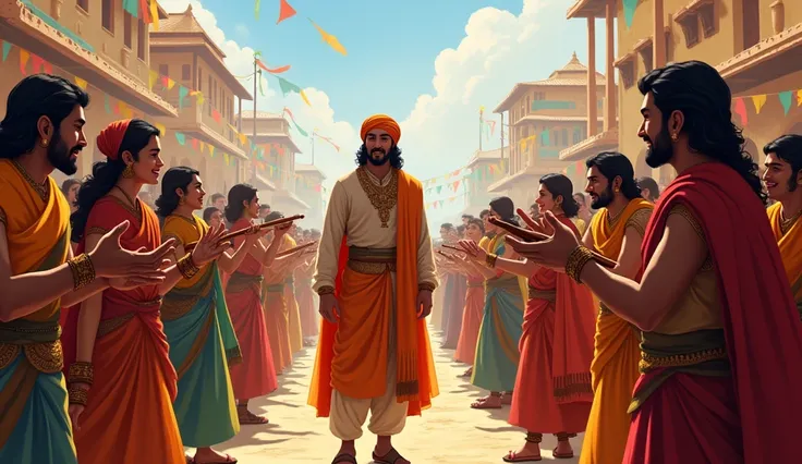 The villagers rejoicing with vibrant traditional attire, dancing and playing instruments as they celebrate Maharana Pratap’s victory. In the center, Maharana stands humbly, with ren and elders thanking him for their safety."

