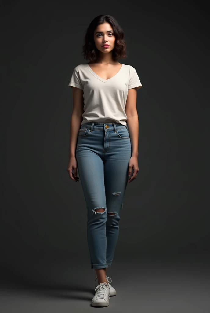 hypotealiatis, 25 year old Javanese woman, beautiful, standing, facing the camera, wearing a plain v neck thank top t-shirt, wearing jeans, sports shoes, dark gray background