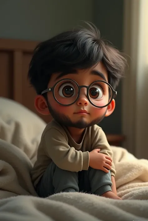 A brown pakistani boy with glasses and a light resemblance of a beard on his knees for a quite small pakistani brown boy named ayan