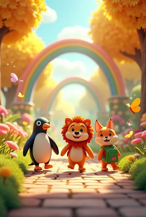 A vibrant sunny morning in a whimsical fairy-tale garden, with oversized, colorful flowers glowing softly, sparkling dewdrops on petals, and magical light beams filtering through the trees; a cheerful penguin, lion, fox wearing playful school backpacks ski...