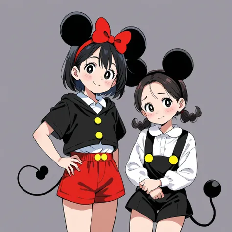 she dressed as mickey mouse, disney,
mickey mouse (cosplay), black mnouse ears, cosplay,
costume switch, black outfit,
white shirt,
yellow buttons, red ribbon,
red shorts