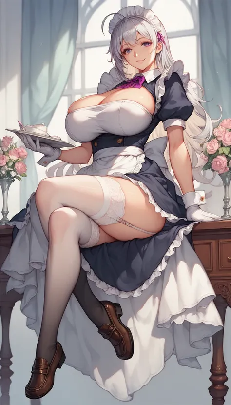 1woman, 20s, solo, full body, looking at viewer, light silver hair, long hair, straight hair, ahoge, seductive smile, happy, purple eyes, huge breasts, maid, miniskirt, White maid headdress, White long gloves, black kneehighs, Garter belt, loafers, anime, ...