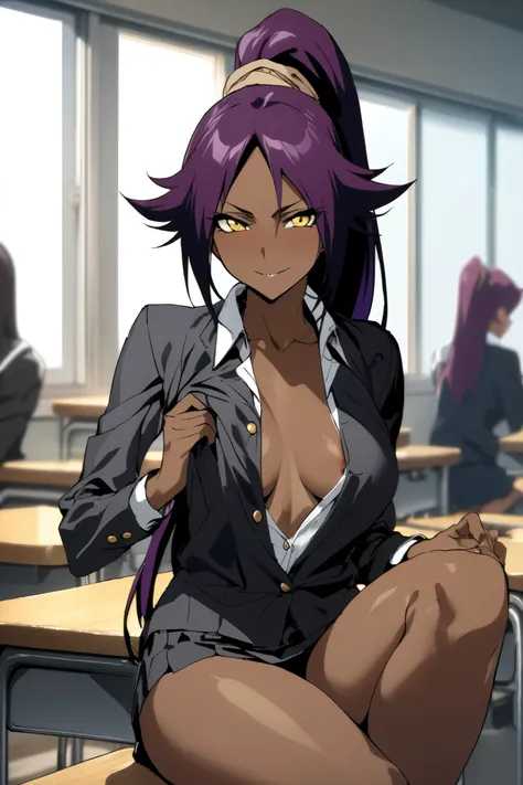 NSFW,masterpiece, top quality , High Definition , very detailed,Yoruichi Shihouin(BLEACH), long hair、 yellow eyes、 ponytail、Purple Hair、 dark skin 、 dark skin の女性, school uniform, dress shirt, miniskirt,School,classroom,smile