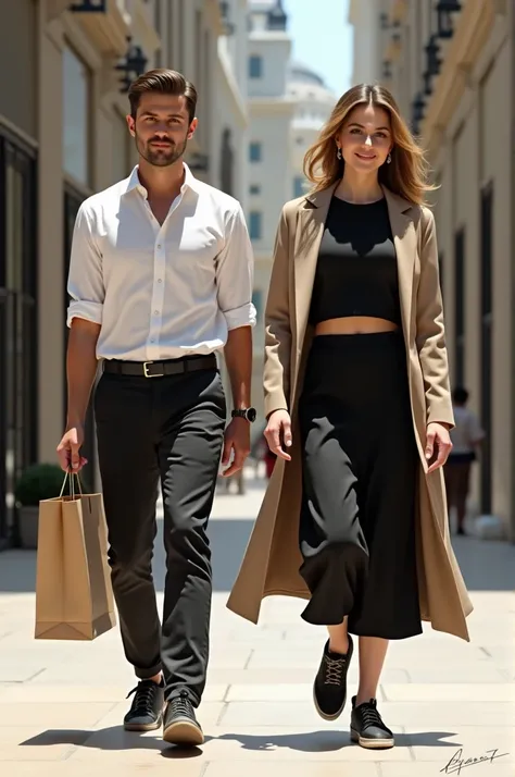 a short man in a formal white shirt buttoned up and wearing flip-flops carrying a shopping bag walks in front of a magnificent mall alongside a tall woman wearing a black t-shirt and a black long skirt and sports shoes and a fancy long coat.