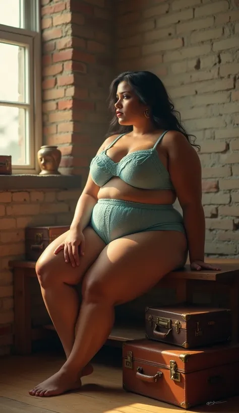 In a rustic loft with exposed brick walls, A plus-size Indian woman with pale white skin sits on a wooden bench wearing powder-blue lingerie. The scene is enhanced by vintage suitcases and golden sunlight streaming through a nearby window.