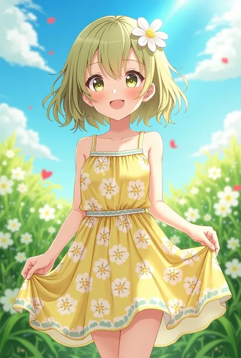  masterpiece,  better quality, absurdres,  perfect anatomy , 1 girl, Alone, Pascal&#39;s Tales,  short hair,  beautiful, happy, Sunny day,  botanic garden, Summer breeze, sundress, floral pattern,  wavy hair ,  smiling