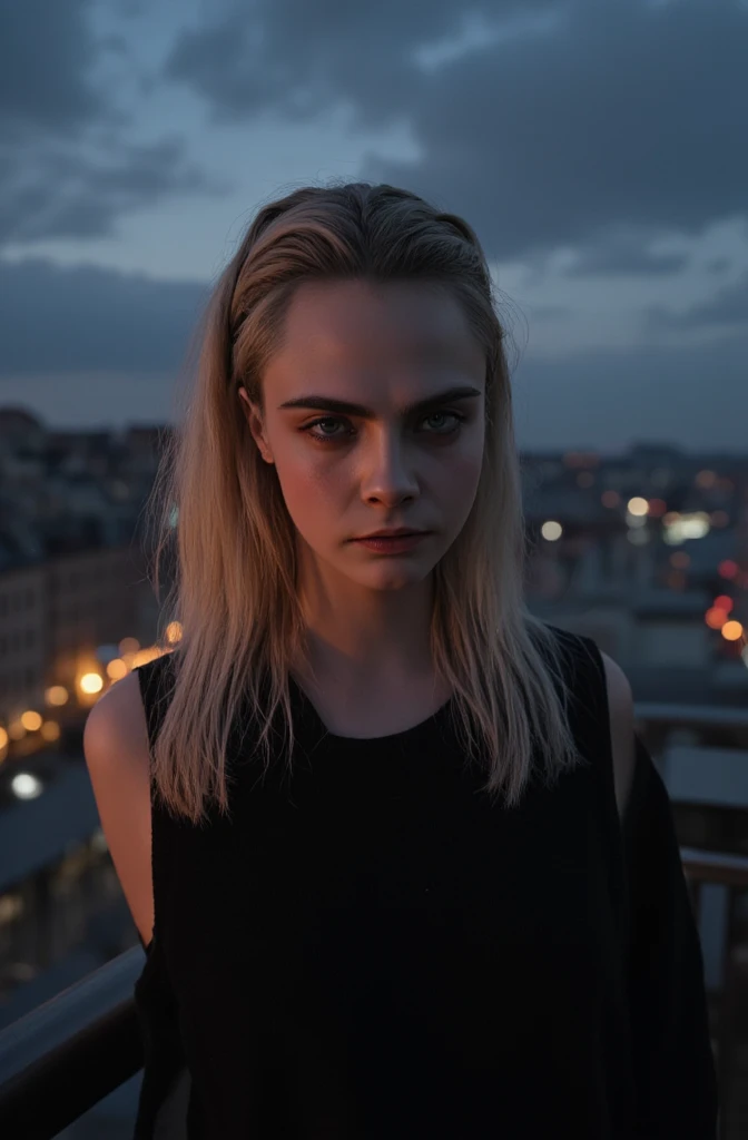 Photo de Cara Delevingne, age 16 ans, yeux cernés, sweat noir, elle a lair lasse et triste, grains  de beauté, cheveux gras, longue maiche de cheveux châtains claire, ne porte pas de maquillage, temps sombre nuageux, le soir, il pleut fort, il fait froid e...