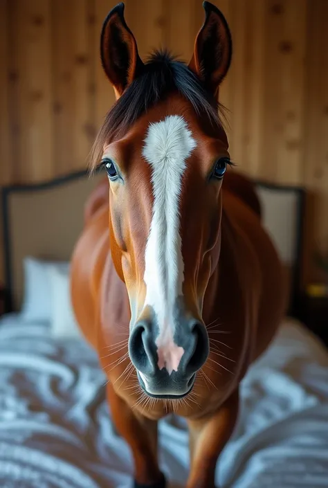 very handsome and sexy realistic  male  horse  that is by himself  standing   in the bedroom. looking right at the camera lens up close as a selfie up very close 
beautiful blue  perfect eyes with perfect pupils 
perfect furry horse   body with perfect paw...