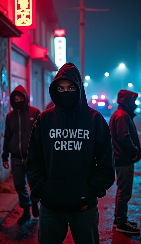   a dark and rough city street scene at night  ,  illuminated with neon lights . A group of thugs holding a pin ,  wearing a hoodie written as GROWER CREW and a mask. ,   standing in front of a falling building  . , their faces are fierce and determined. ....