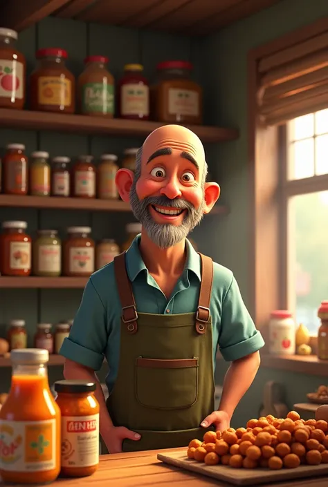 A 50-year-old bald adult with a short beard selling condiments and nuts in his store, Disney Pixar