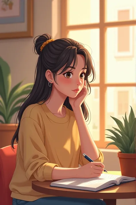 Illustrate a warm, inviting background with a girl sitting at a cozy café table, holding a pen and notebook, gazing thoughtfully as if seeking an answer, with soft pastel tones to convey care and curiosity."