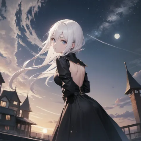 Girl starring at the moon, beautiful eye, masterpiece, high quality, white hair, beautiful background, night time, huge full moon at the back, shine from the back, stars at the background, black colored outfit, there is only moon and stars at the backgroun...