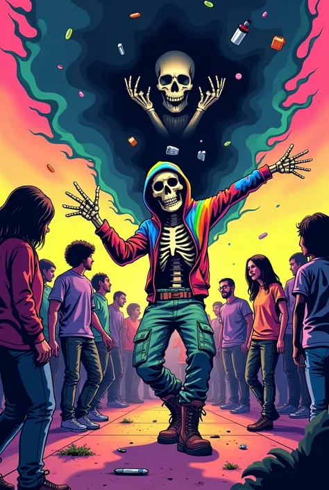 Create a vibrant illustration of a Grateful Dead style dancing skeleton surrounded by focused dancers, revealing hidden inner turmoil through dark symbolic imagery.
Skeleton Design
Mid-dance with exaggerated, joyful movement
Bright tie-dye hoodie with rain...