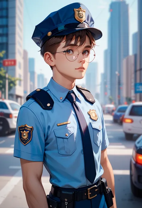 scifi, futuristic, police, A 18-yr young man, thin, slim, slender, cute, brown hair, round glasses, police officer uniform, in the city