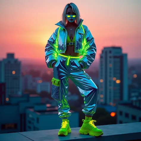 {Photorealistic Instagram shot of a bold futuristic fashion ensemble} set against an urban rooftop at dusk. An orange sun setting on the horizon lay the ambience of the evening.The platinum blonde model with blonde hair roots dons a {cropped, structured ja...