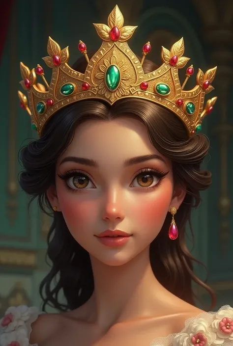  Create a crown similar to those of the Disney princess in gold color with green and red details, and a gemstone flower in the middle of the crown . 