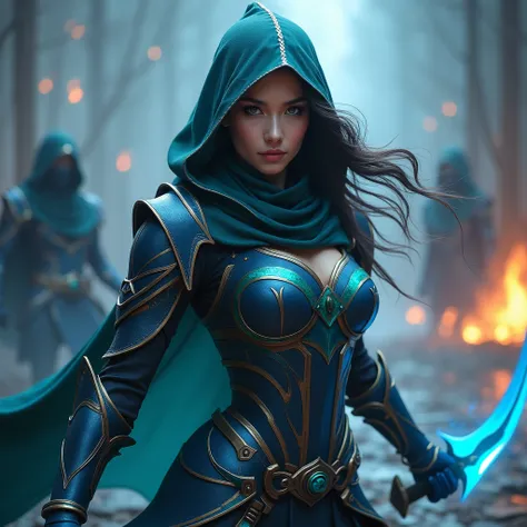 A beautiful Korean woman cosplaying as Phantom Assassin from Dota 2. She has sharp, intense eyes and is dressed in sleek, dark armor with intricate blue and green details, including a hood that partially covers her face. She wields a pair of glowing, curve...