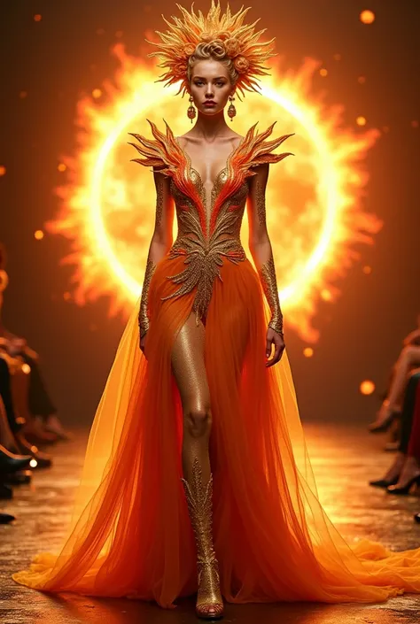 The Sun-inspired haute couture gown is a radiant, commanding masterpiece that embodies the celestial power, heat, and brilliance of the Sun. The bodice is a fiery fusion of molten gold, burnished copper, and radiant amber fabric, sculpted to resemble the s...