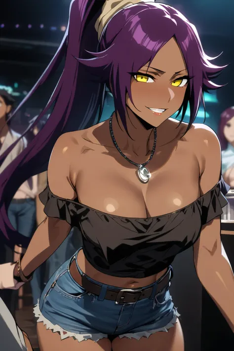 NSFW,masterpiece, top quality , High Definition , very detailed,Yoruichi Shihouin(BLEACH), long hair、 yellow eyes、 ponytail、Purple Hair、 dark skin 、 dark skin の女性, off-shoulder, Denim Shorts,belt, Casual , necklace,Bad Smile,Nightlife