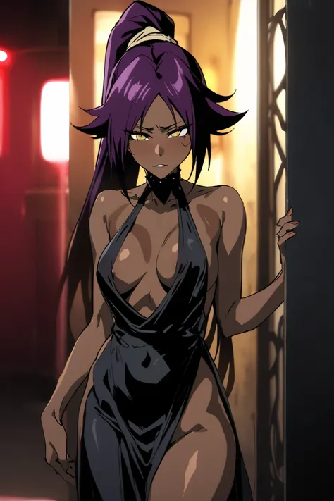 NSFW,masterpiece, top quality , High Definition , very detailed,Yoruichi Shihouin(BLEACH), long hair、 yellow eyes、 ponytail、Purple Hair、 dark skin 、 dark skin の女性, Evening Dress,Prostitute,Red light district, lustful face