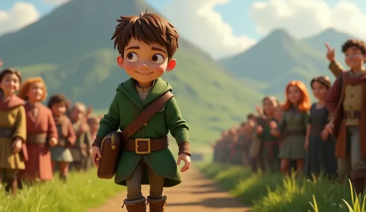 A 3D animation of Ethan walking back into his village. He looks proud but humble, with his green jacket slung over his shoulder and his journal tucked under his arm. His short brown hair is neatly brushed back, and his boots are worn from the journey. Vill...