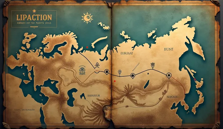 An old map of the Ural Mountains region ,  with markings showing the groups path and where the bodies were found. Dark and dark 