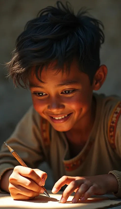 One indio s aged boy is smiling by looking one pen
