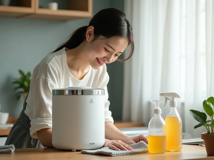  Korean housewife cleaning the humidifiers water tank, Vinegar and citric acid are placed next to it 