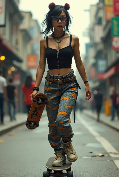 Woman wearing a basque shirt, bass pants, wearing glasses, transparent lenses, black frame, holding a killer, a toy, riding a skateboard.