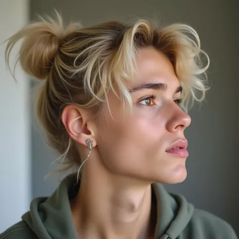 Cute hot sexy light olive-skinned petty 21-years-old guy with bleach blonde 9-inch long length wavy hair, he wears a messy men bun, and his almond eyes colour are chocolate brown, along his peachy heavy low lips, His side profile with his slim nose with th...