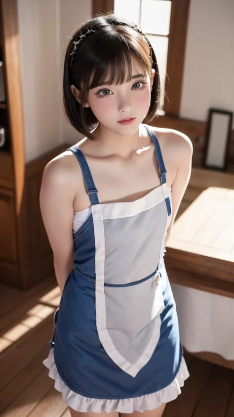 Sexy Apron,(Very very young beautiful girl:1.75),Very slim body, very short hair ,Correct human body, detailed eyes, detailed face , very beautiful face, very cute face, sexy lips, beautiful skin, evenly balanced eyes,Droopy eyes, Very Embarrassing Face , ...