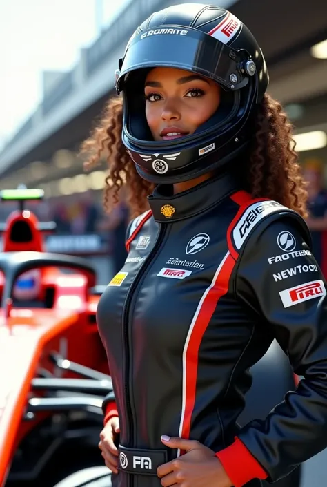 Photo of a brown woman wearing a helmet next to a Formula 1 