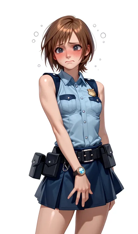  One girl , Kairi from Kingdom Hearts,  Watch viewers(Blushed face:1.0),real skin ,small breasts,  shiny hair ,  Super Detailed Black Eyes,( Equipped Police Belt :1.2),( watch ),( shot from the front:1.2),8k,(Standing in a sexy pose:1.2),(Drunk:1.0),(Embar...