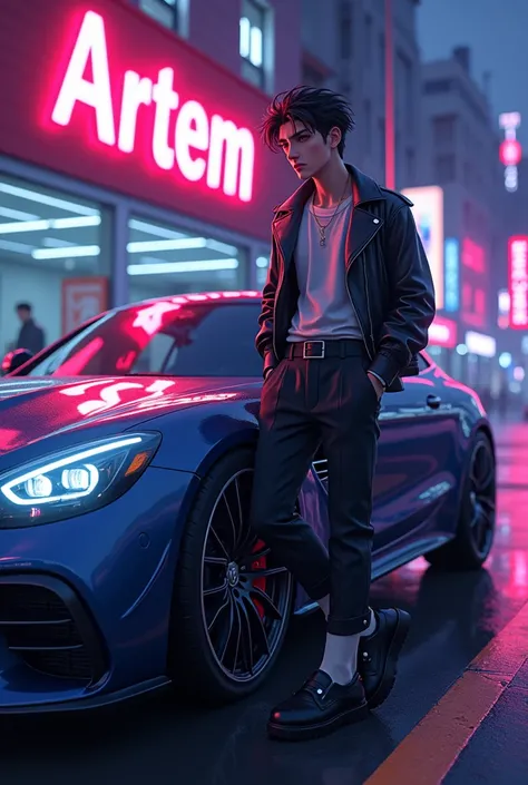 Anime Boy 2D, 22 years old, Mercedes w220 car and neon sign in the background "artem" 