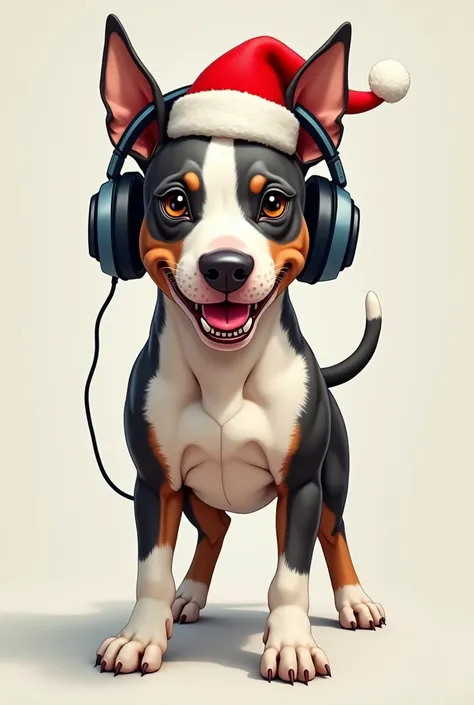 Bull terrier with gamer headphones and a Christmas hat looking in front