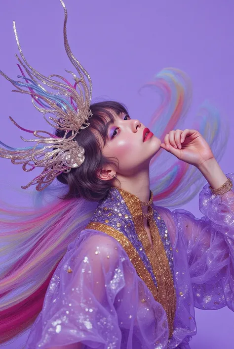 In a colorful, cinematic photoshoot, an Art Nouveau-inspired fantasy girl is shown against a gradient of pale purple. She wears an intricate purple kimono adorned with mysterious lace frills and a beautiful hair accessory. Her rainbow hair flows like a swi...