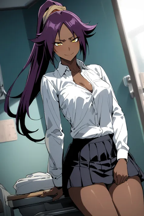 NSFW,masterpiece, top quality , High Definition , very detailed,Yoruichi Shihouin(BLEACH), long hair、 yellow eyes、 ponytail、Purple Hair、 dark skin 、 dark skin の女性, school uniform, dress shirt, miniskirt,School,Health Room,smile