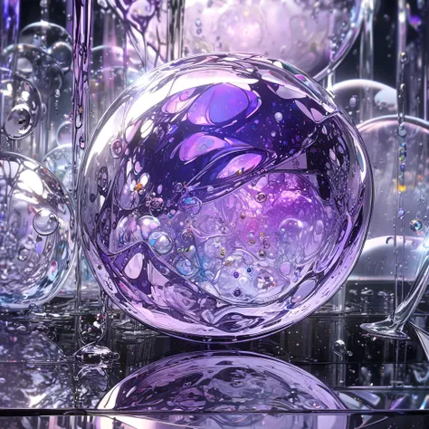  very detailed, 8k, Glass, Water in a Glass, Glassクリスタル, bubble,  purple water , Nice,  bright 、 cute characters、 splash