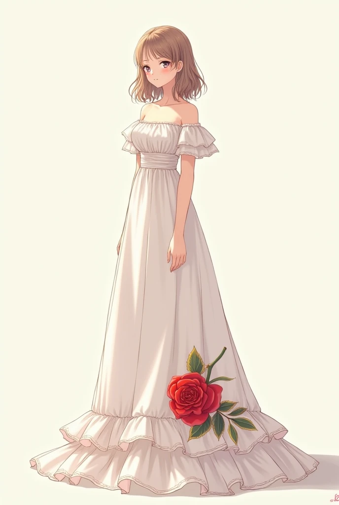 model in long modest, plain poofy white gown, with a large red rose ruffle on one hip with golden linings along the upper edges of the rose petals, modestly covered, modest dress, 2d anime artstyle