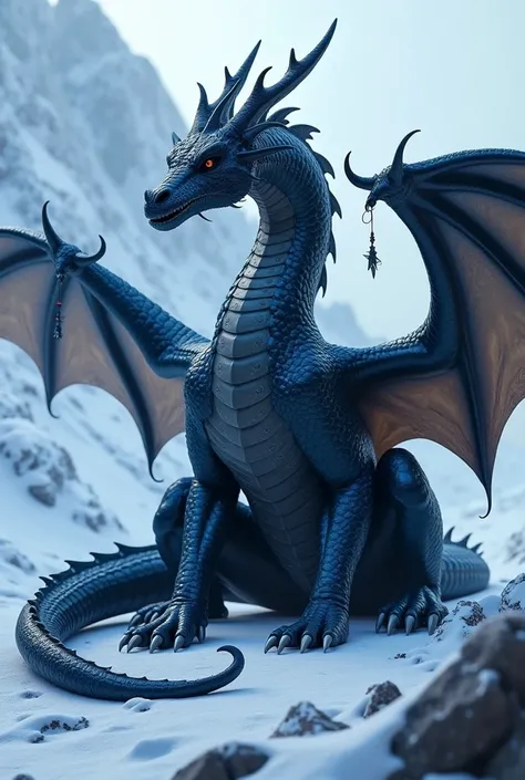  Create a dark blue dragon, intimidating, a real dragon , bed,  in a snowy place ,  is sitting nobly  