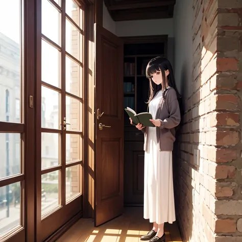 A beautuful woman standing and reading a book against wall. She is wearing long dress and short cardigan.