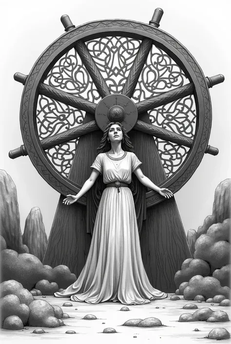 Make a simple black and white drawing of Saint Catherine of Alexandria overcoming the Roman emperors torture wheel! 
