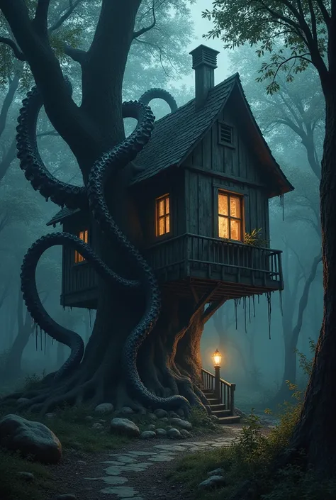 Octopus tentacles grow inside the tree house（Dark edition）