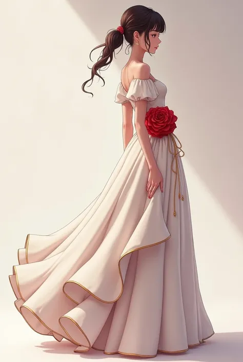 model in long modest, plain poofy white gown, with a large red rose ruffle on one side of the dress hip with golden linings along the upper edges of the rose petals only, modestly covered, modest dress, 2d anime artstyle