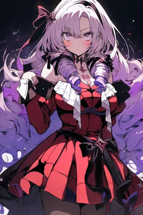 anime coloring,masterpiece,action,Salome, big body,big breasts,(((( best quality )))),,,,, hmsalome, drill hair, parted bangs, black hairband, ribbon, purple eyes, large breasts, tattoo, red dress, long sleeves, bare shoulders, black gloves