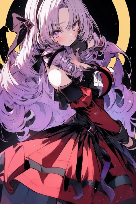 anime coloring,masterpiece,action,Salome, big body,big breasts,(((( best quality )))),,,,, hmsalome, drill hair, parted bangs, black hairband, ribbon, purple eyes, large breasts, tattoo, red dress, long sleeves, bare shoulders, black gloves